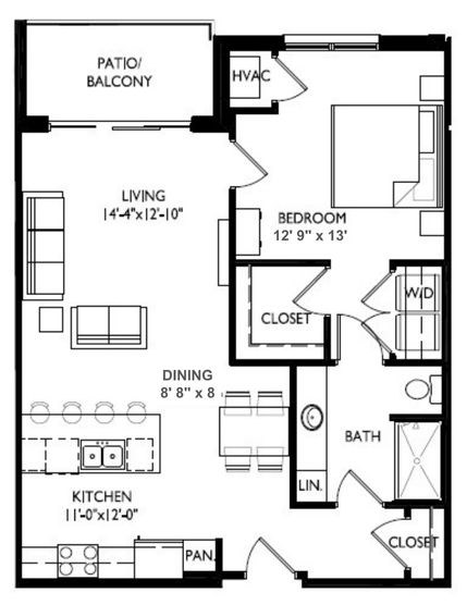 Floor plan for 1 bed, 1 bath, 844 sqft